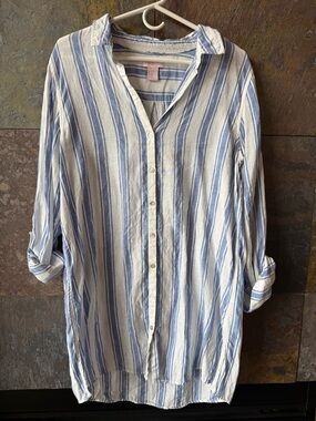 Saint Tropez West long linen striped shirt L MOP buttons, shouts summer nights!